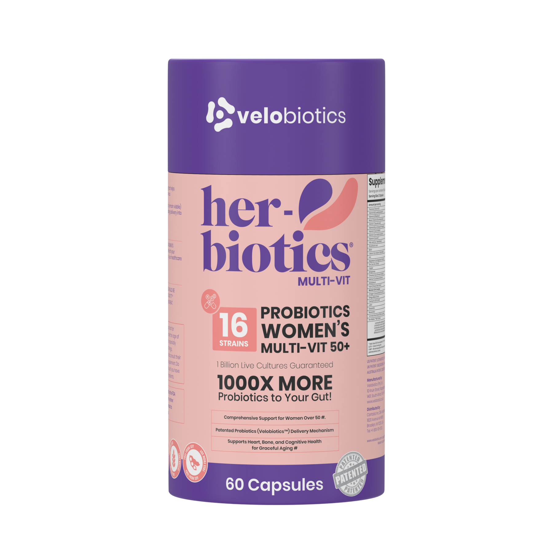 Her-Biotics Women’s Multi-Vit 50+ probiotic supplement with 16 strains, vitamins, and minerals for heart, bone, and cognitive health support.