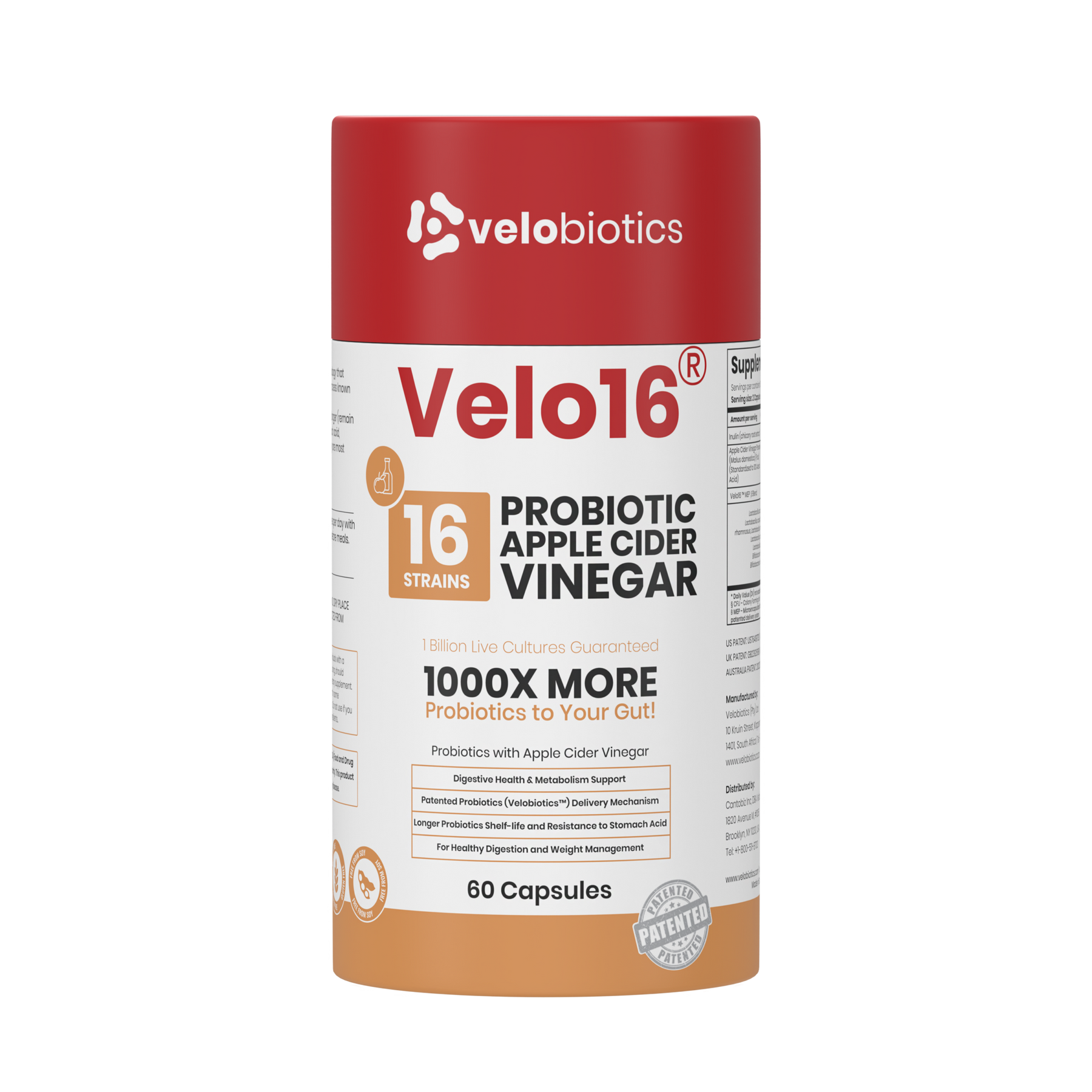 Velo16 Probiotics Apple Cider Vinegar supplement bottle with 16 probiotic strains and patented delivery for gut health.