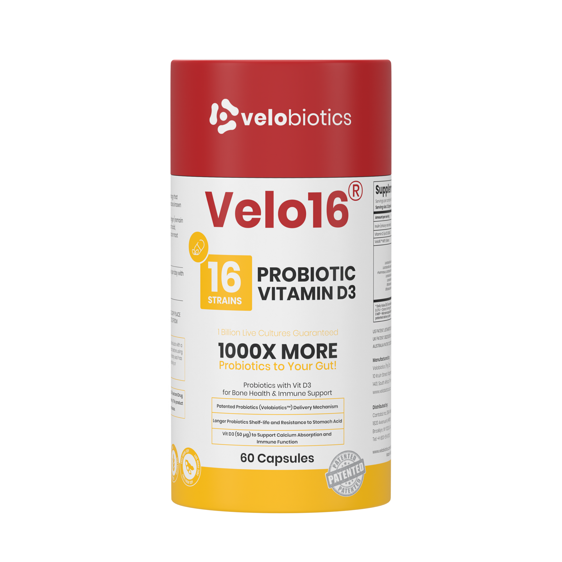 Velo16 Probiotics Vitamin D3 supplement bottle with 16 strains and patented probiotics for gut health and immune support