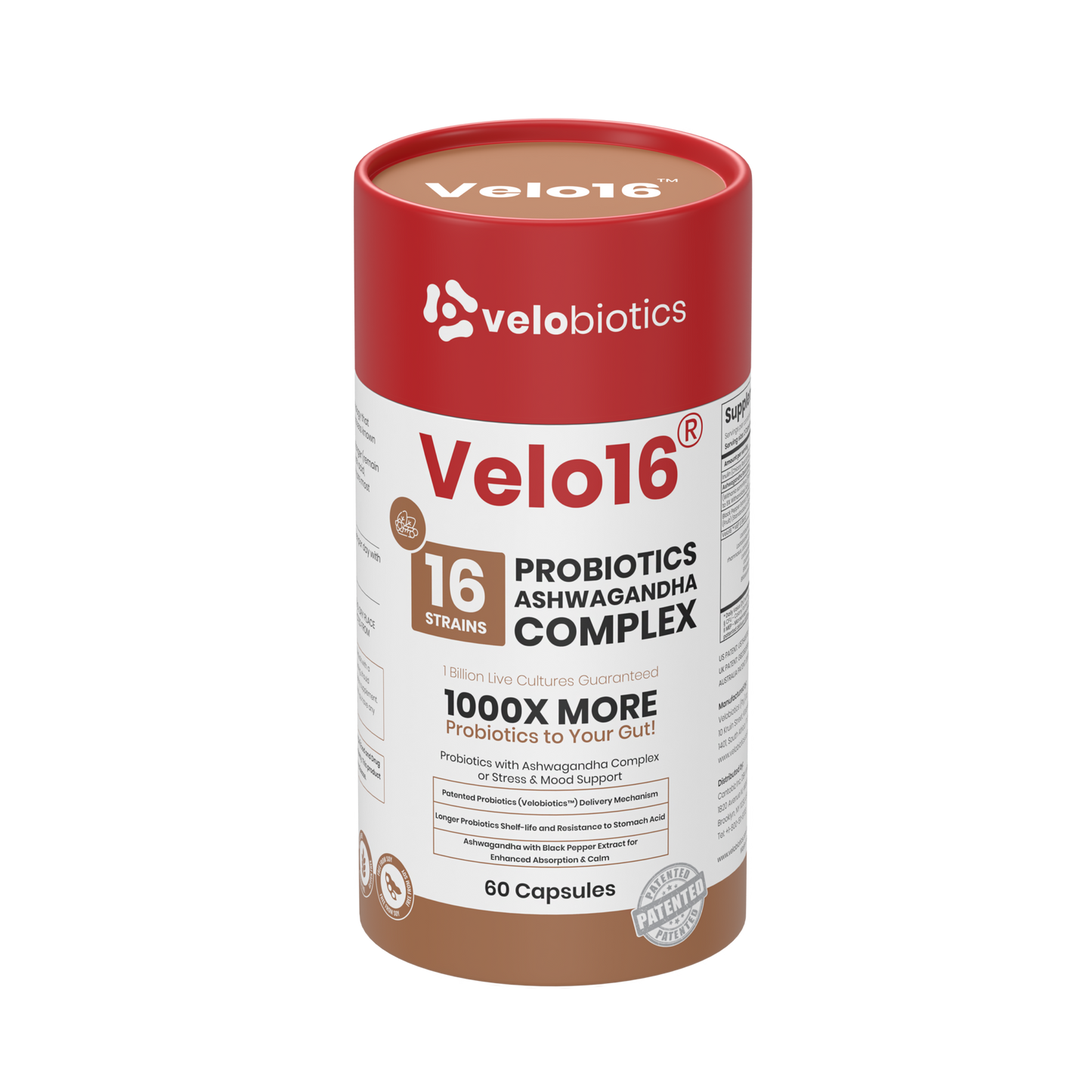Velo16 Probiotics + Ashwagandha capsules supplement with 16-strain probiotic blend, zinc, and prebiotic fiber for gut health, immunity, and skin support.