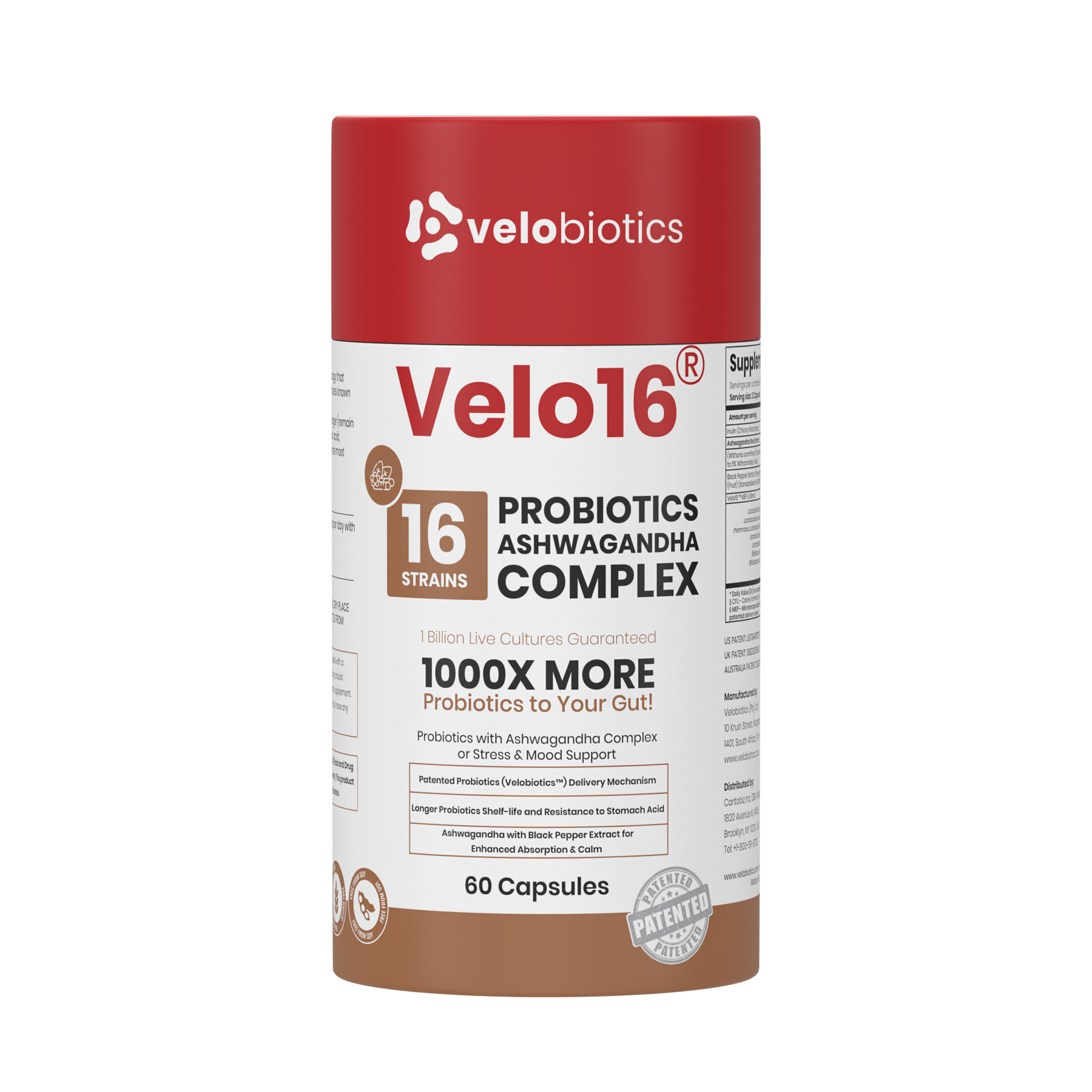 Velo16 Probiotics + Ashwagandha Complex supplement bottle with 16 strains, 60 capsules, supporting gut health and stress relief.