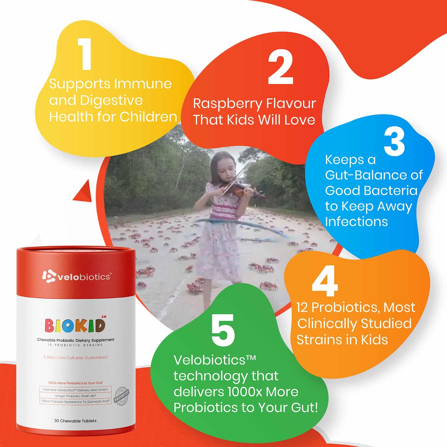 GutScribe BioKid probiotic chewable tablets for children with raspberry flavor supporting immune and digestive health.