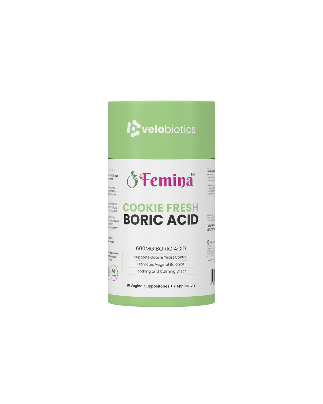 Femina Cookie Fresh Boric Acid suppositories for intimate health with 600mg boric acid, odor control, and soothing relief.