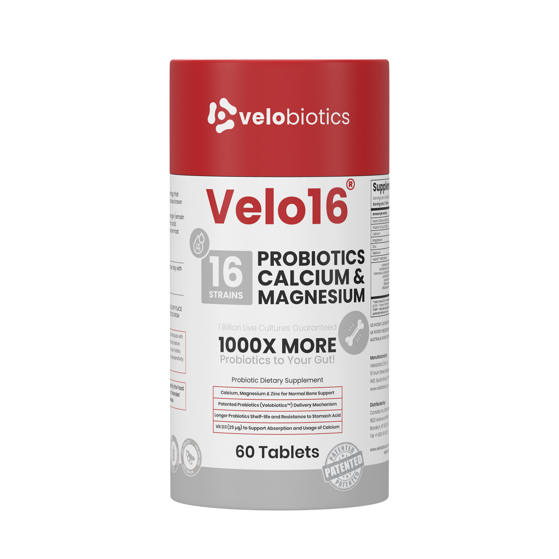 Velo16 Probiotics Calcium & Magnesium supplement bottle with 16 strains, supporting gut health, muscle, and nerve function in 60 tablets.