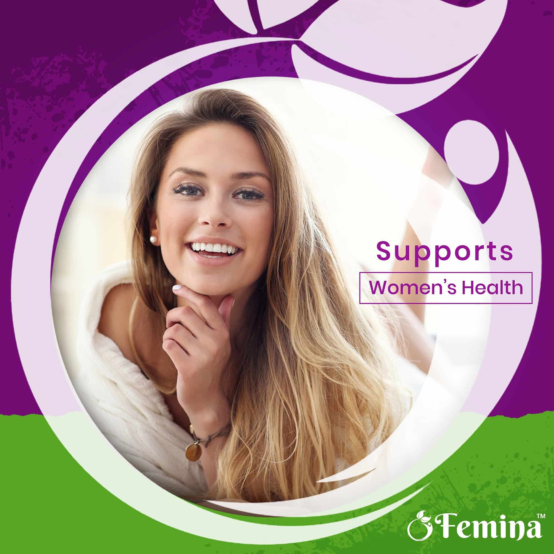 Smiling woman with long blonde hair promoting Femina™ Probiotic Capsules supporting women's health