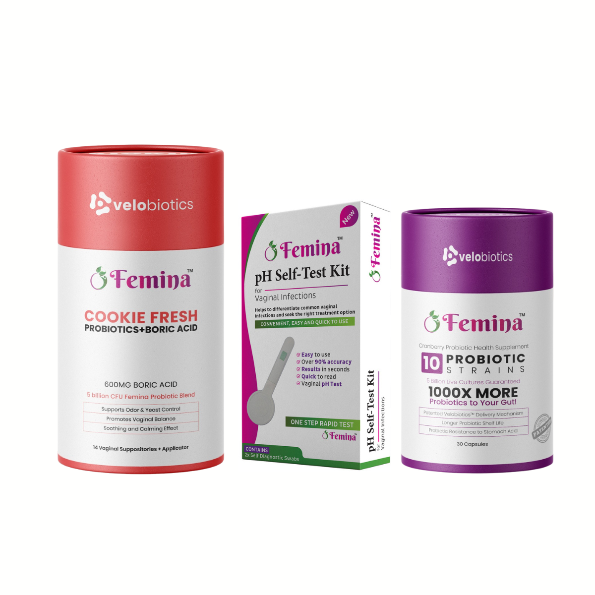 Femina Intimate Starter Pack with pH self-test kit, probiotic boric acid suppositories, and cranberry probiotic capsules for vaginal and urinary health.
