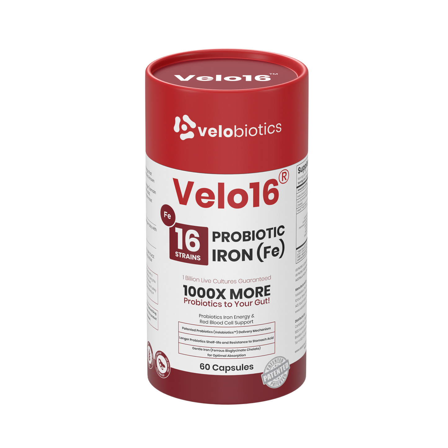 Velo16 Probiotics + Iron supplement bottle with 16-strain probiotic blend and iron for gut health and immune support.