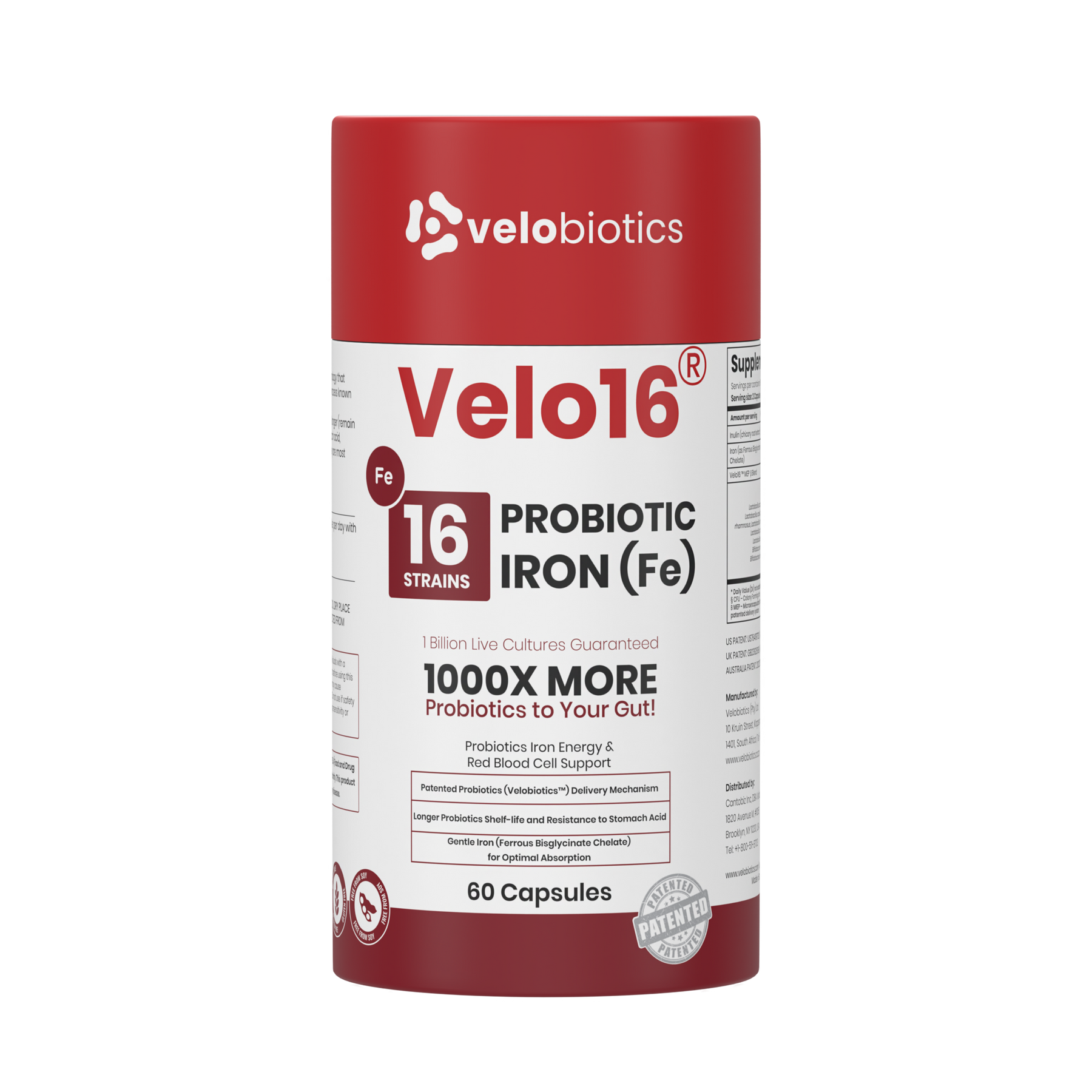 Velo16 Probiotics + Iron supplement bottle with 16-strain probiotics and iron for gut health and immune support