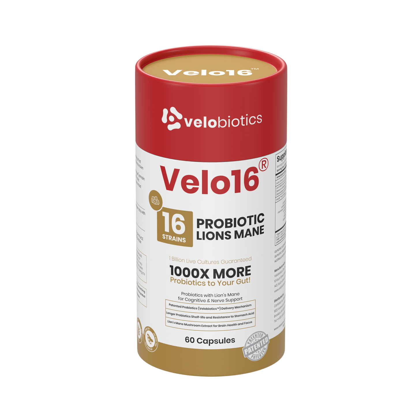 Velo16 Probiotics Lions Mane supplement bottle with 16 probiotic strains for gut and brain health, 60 capsules.