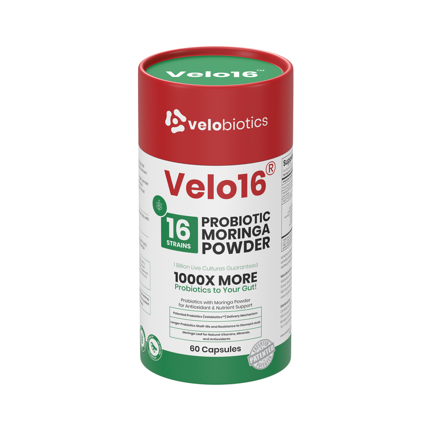 Velo16 Probiotics Moringa Powder supplement bottle with 16 strain probiotic blend and natural antioxidant support in capsules