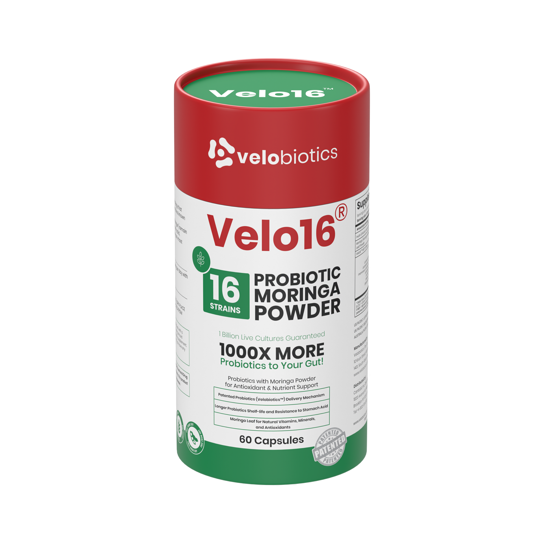 Velo16 Probiotics Moringa Powder supplement bottle with 16 strain probiotic blend and natural antioxidant support in capsules