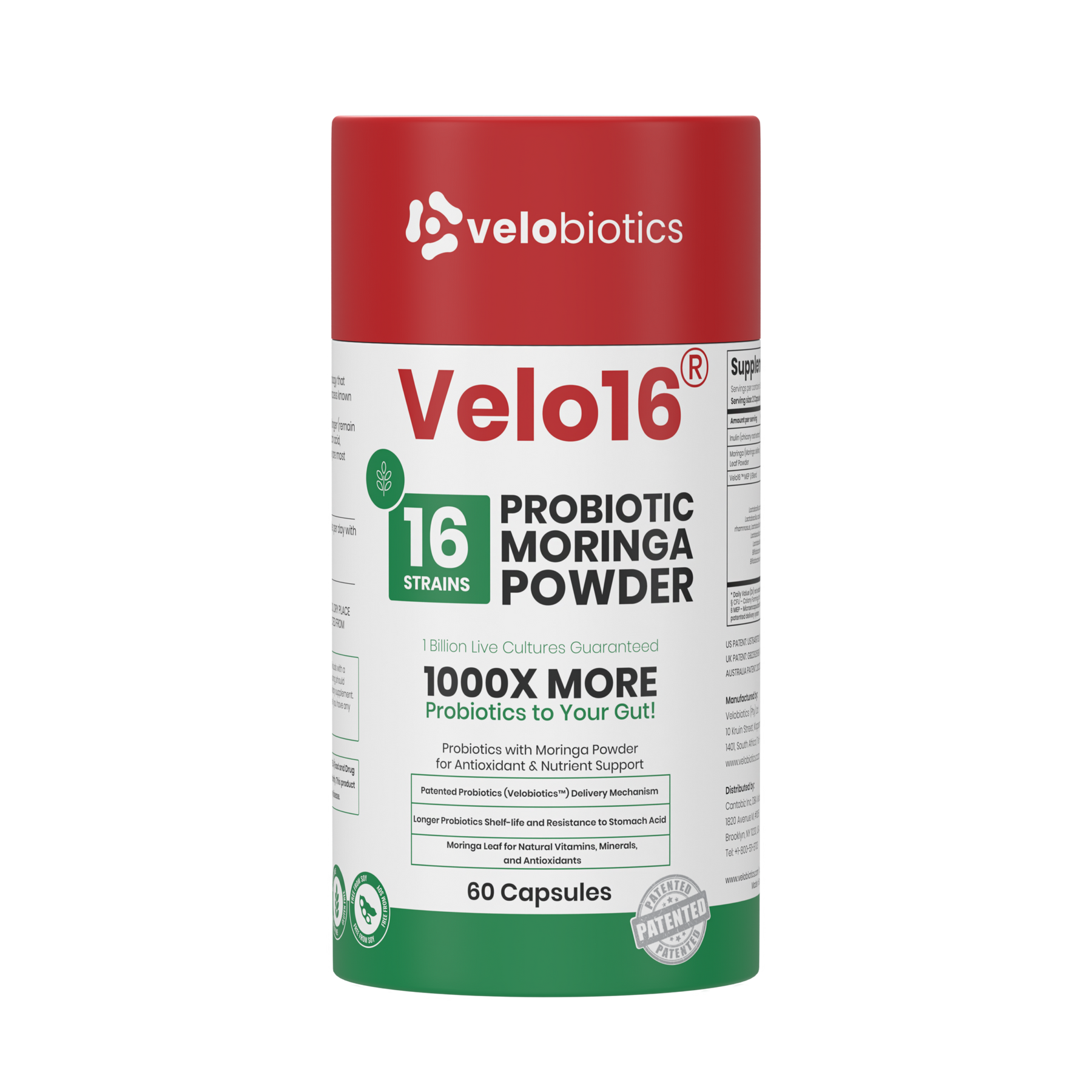 Velo16 Probiotics Moringa powder capsules with 16 strains for gut health and antioxidant support, 60 count bottle