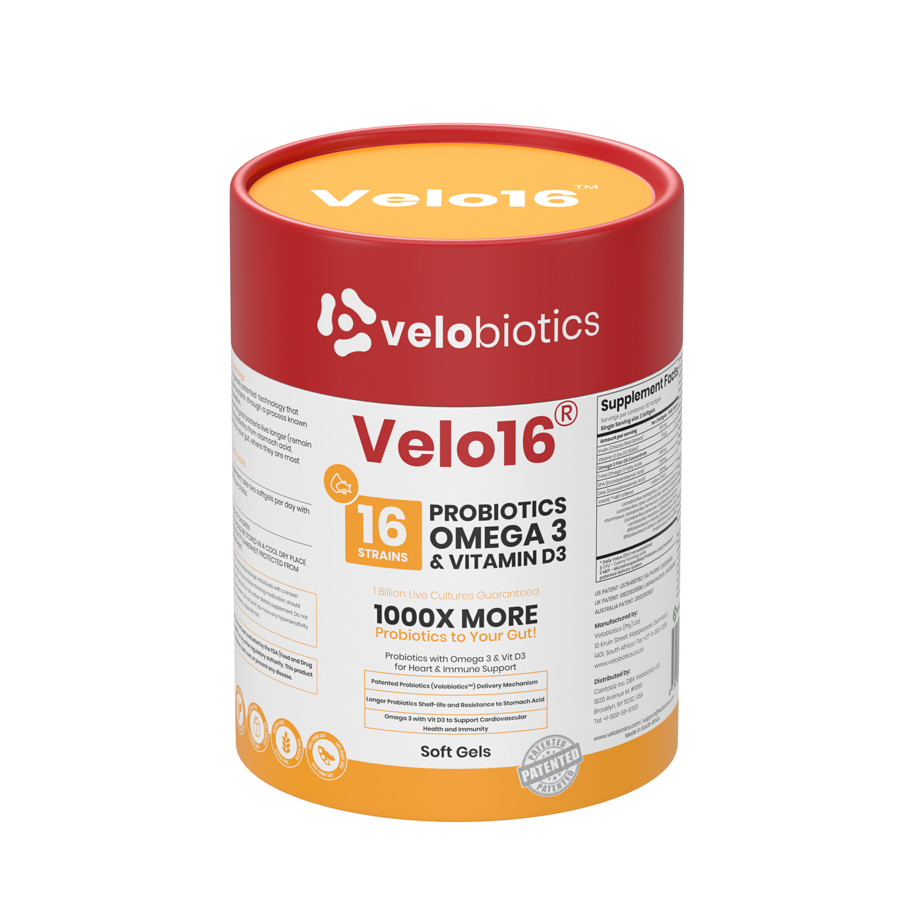 Velo16 Probiotics supplement container with Omega 3 and Vitamin D3 for gut health and cognitive support