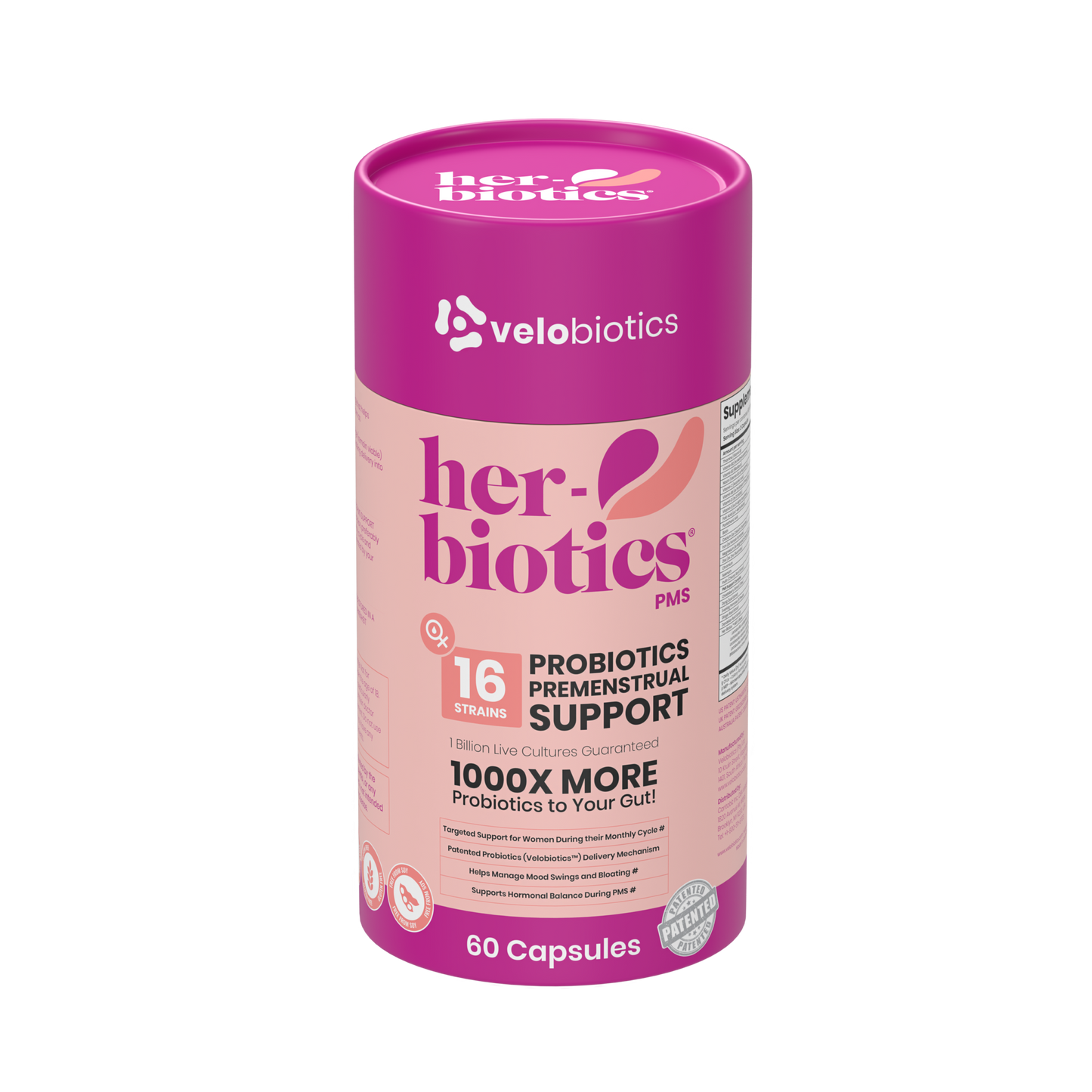 Her-Biotics PMS Support probiotic supplement for premenstrual symptom relief and hormonal balance, 60 capsules.
