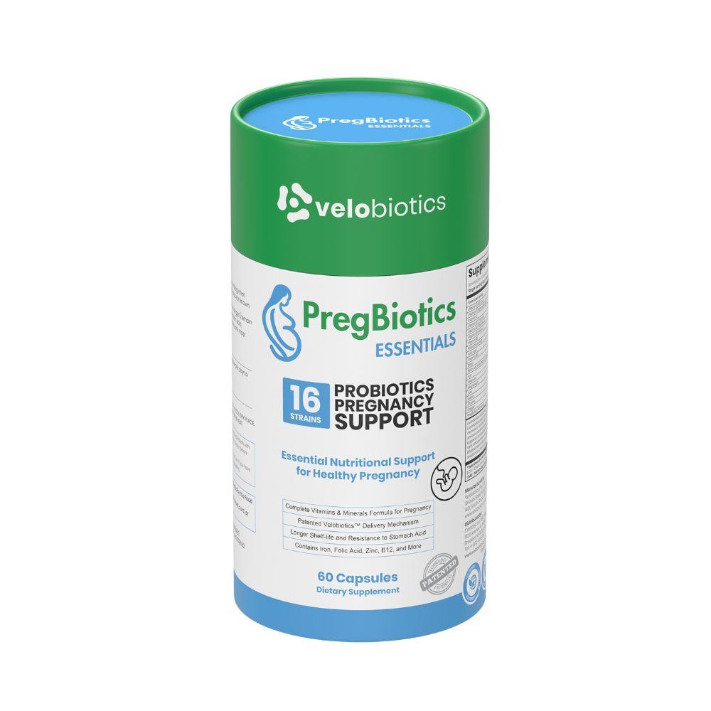 PregBiotics Essentials probiotic supplement for pregnancy support, featuring 16 strains in a 60-capsule bottle.