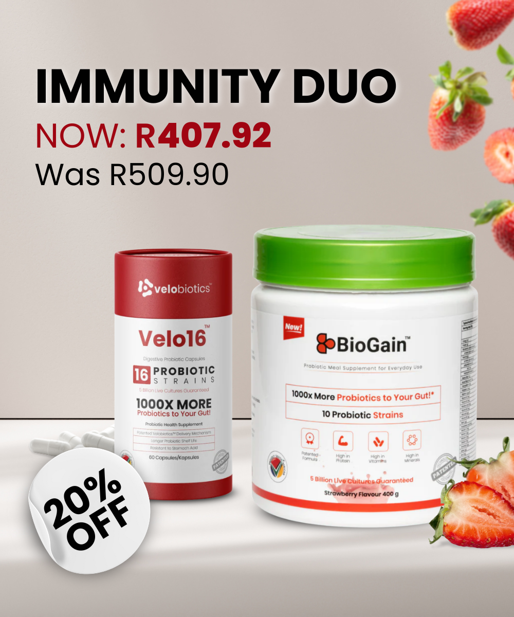Velo16 Probiotic Digestive Capsules and BioGain Vanilla Probiotic Meal Replacement duo with 16 probiotic strains for immune and digestive health, featuring 20% off promotion.