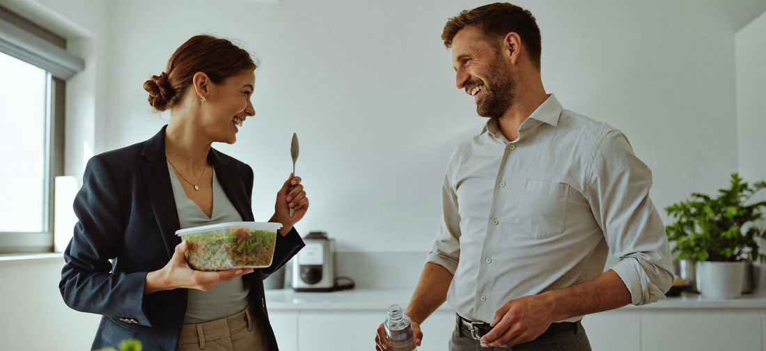 Two colleagues preparing a high-fibre lunch together in a bright office kitchen