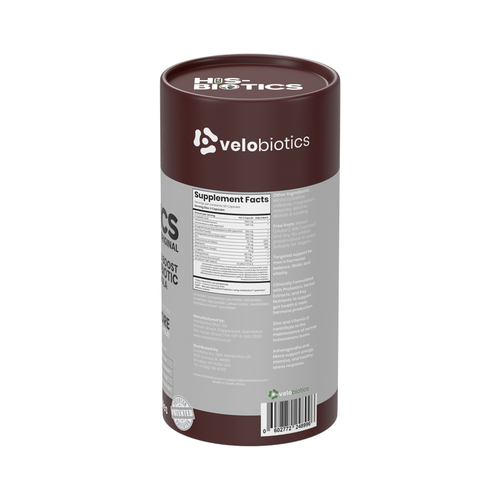 His-Biotics Sport Testo Boost probiotics supplement with Velobiotics technology and natural testosterone support ingredients
