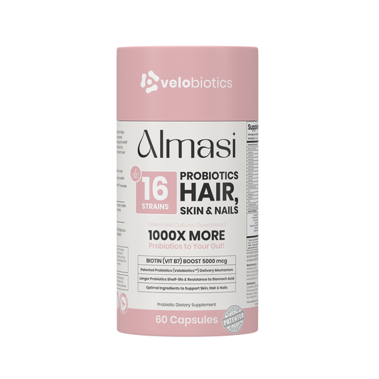 Almasi Probiotics Skin supplement bottle with 60 capsules for hair, skin, and nails health with 16 probiotic strains and biotin boost