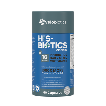 His-Biotics Original Capsules men's multivitamin with 16 probiotic strains for gut health and vitality, 60 capsules bottle.