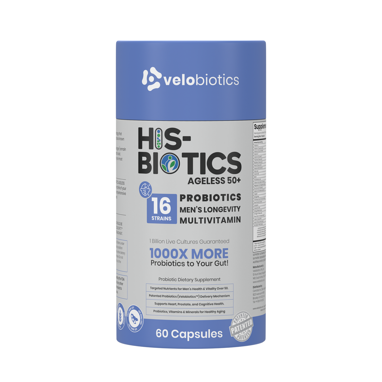 His-Biotics Original Ageless 50+ men's probiotic multivitamin with 16 strains, Velobiotics technology, supports prostate, heart, and cognitive health, 60 capsules