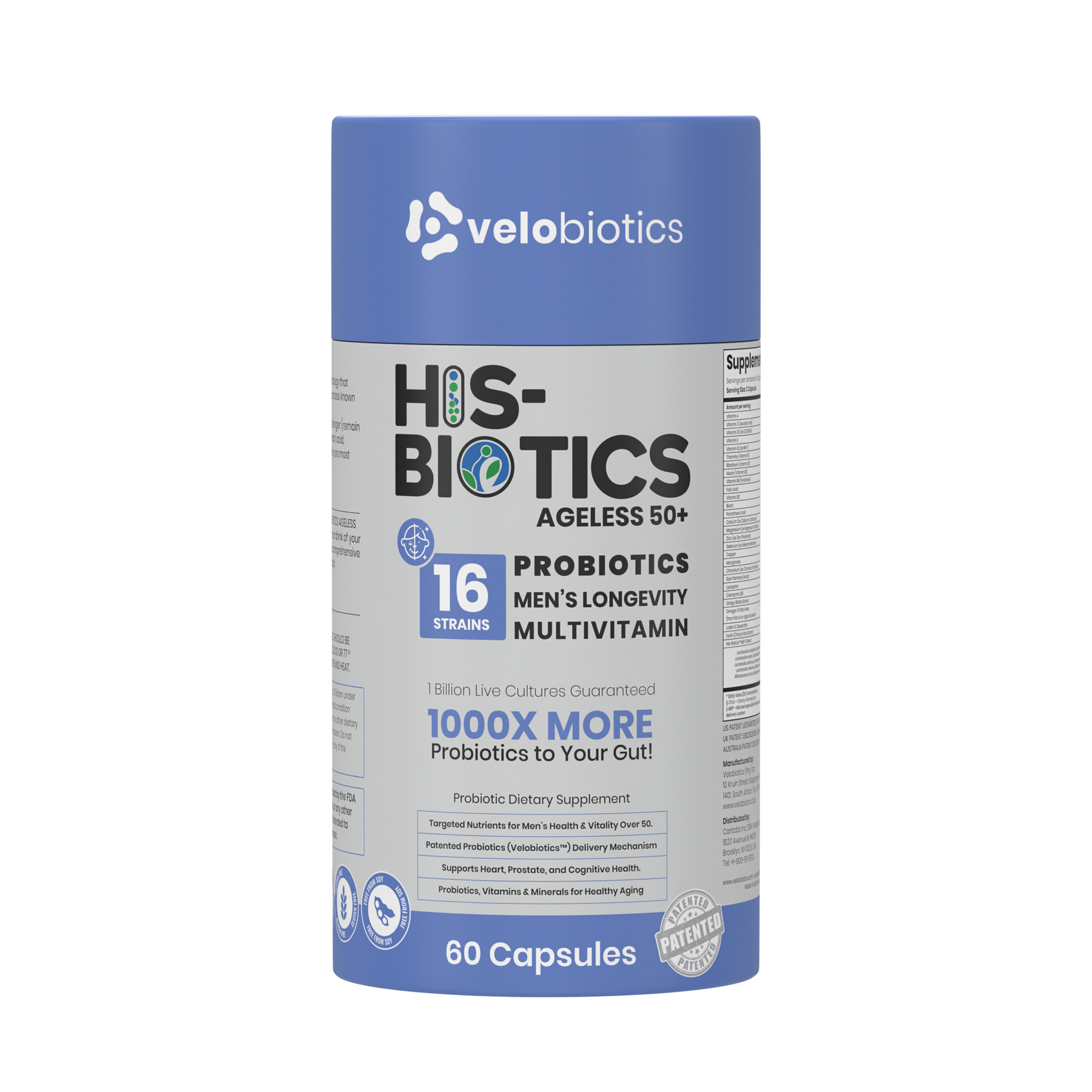 His-Biotics Original Ageless 50+ men's probiotic multivitamin with 16 strains, Velobiotics technology, supports prostate, heart, and cognitive health, 60 capsules