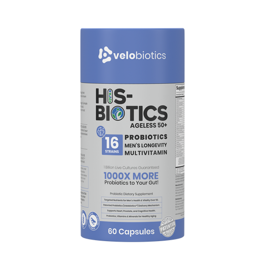 His-Biotics Original Ageless 50+ men's probiotic multivitamin with 16 strains, Velobiotics technology, supports prostate, heart, and cognitive health, 60 capsules