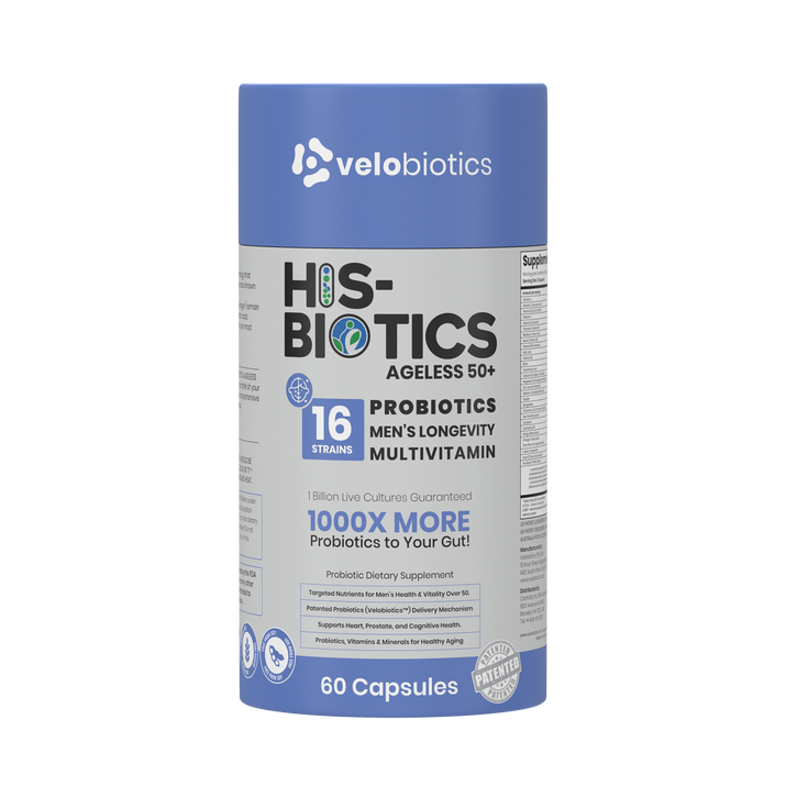 His-Biotics Original Ageless 50+ men's probiotic multivitamin with 16 strains, Velobiotics technology, supports prostate, heart, and cognitive health, 60 capsules