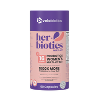 Her-Biotics Women’s Multi-Vit 50+ probiotic supplement with 16 strains, vitamins, and minerals for heart, bone, and cognitive health support.