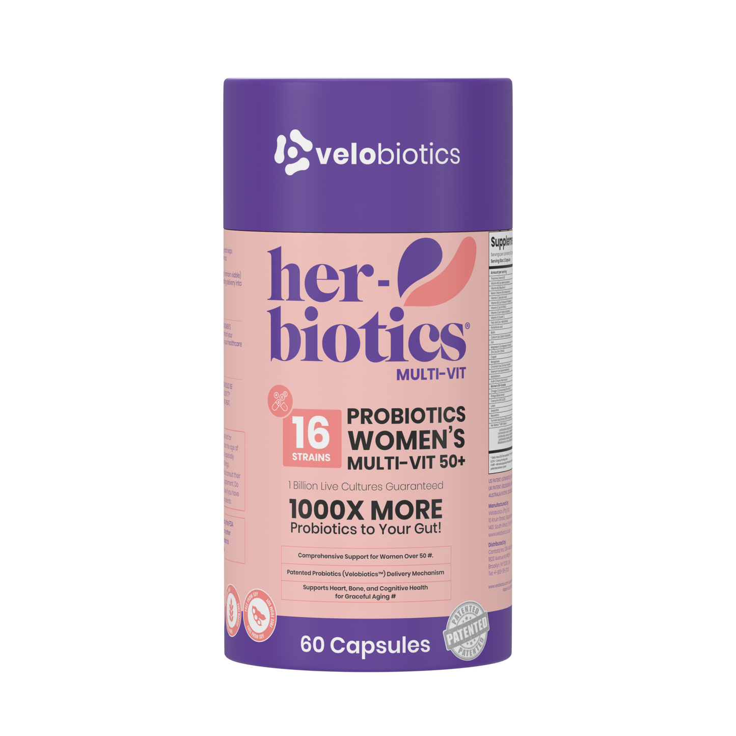 Her-Biotics Women’s Multi-Vit 50+ probiotic supplement with 16 strains, vitamins, and minerals for heart, bone, and cognitive health support.