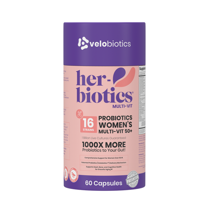 Her-Biotics Women’s Multi-Vit 50+ probiotic supplement with 16 strains, vitamins, and minerals for heart, bone, and cognitive health support.
