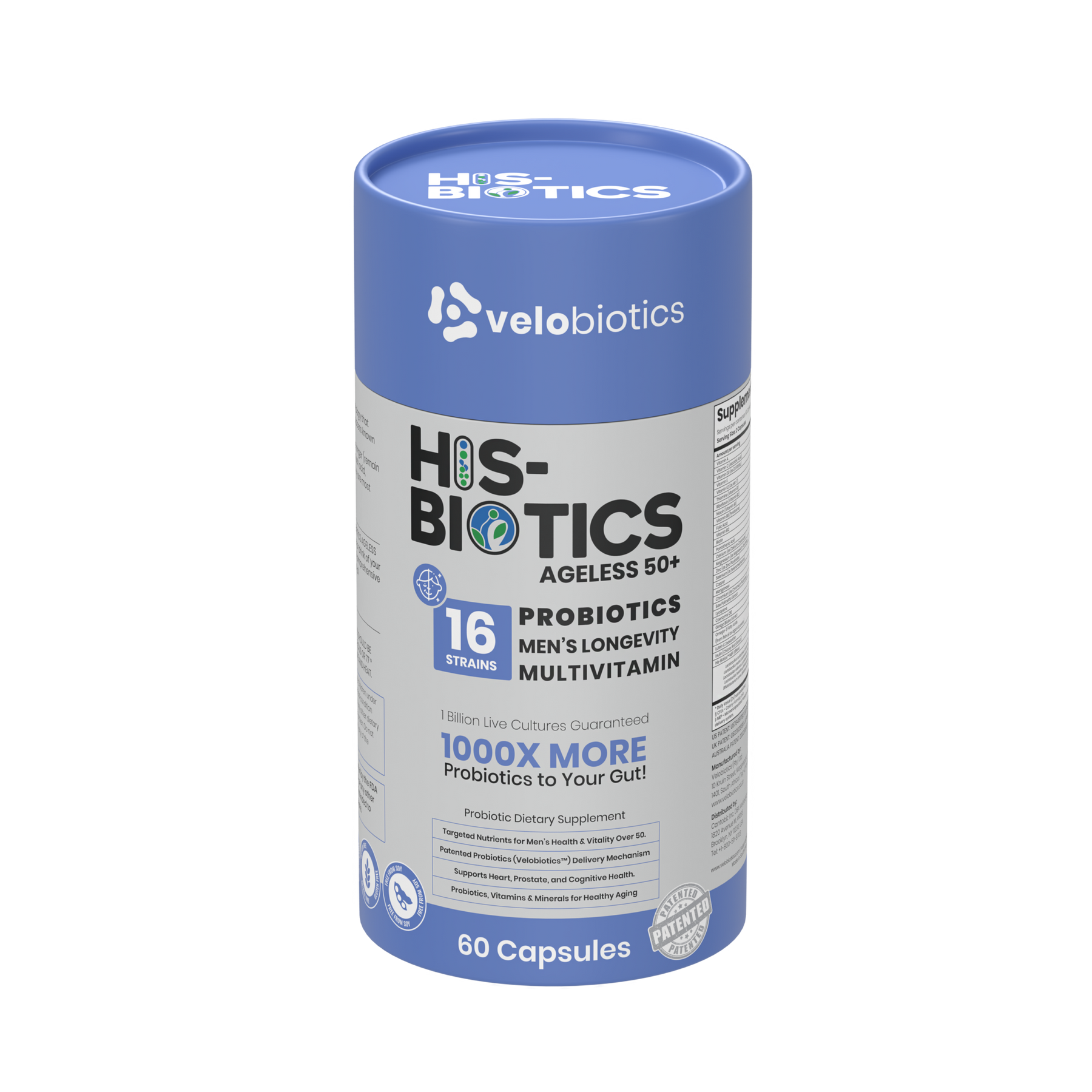 His-Biotics Original Ageless 50+ multivitamin probiotics for men's health and longevity, 60 capsules bottle