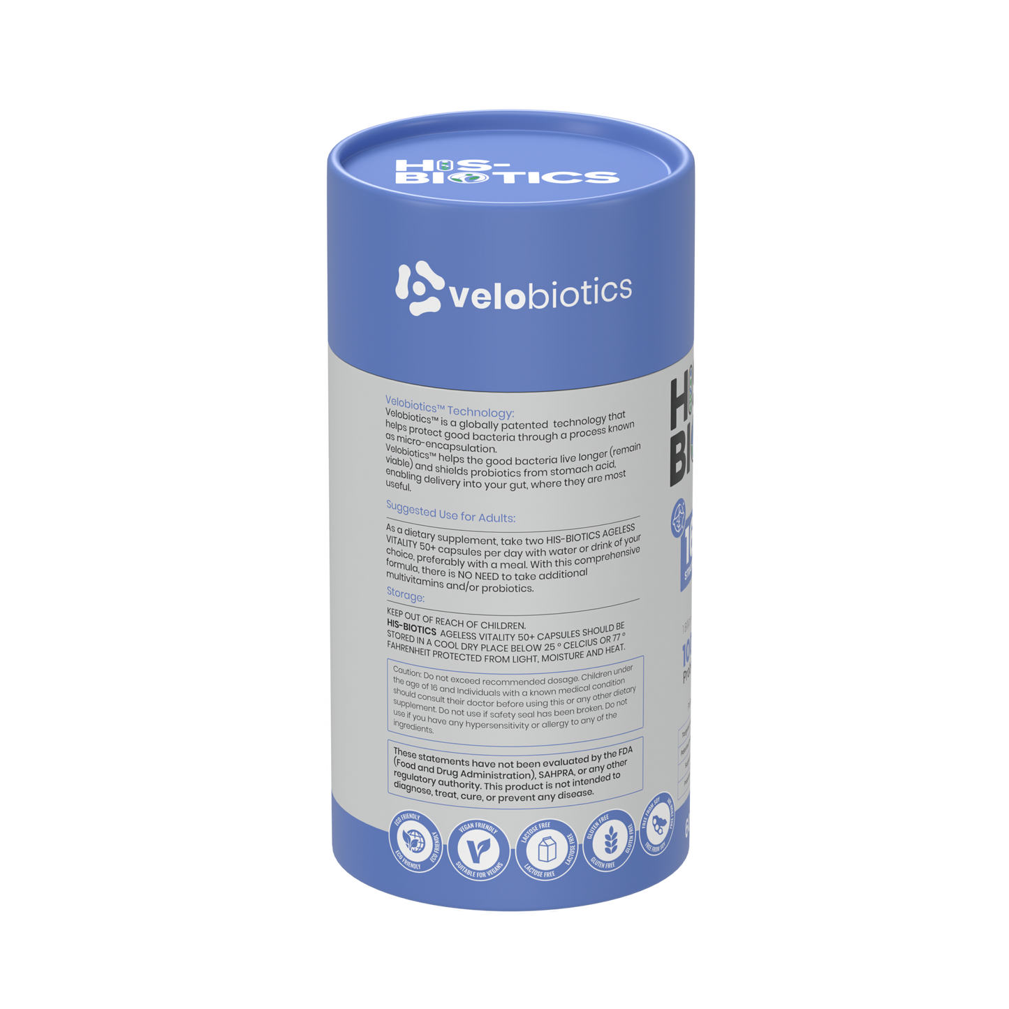 His-Biotics Original Ageless Vitality 50+ probiotic multivitamin for men with Velobiotics technology in blue container