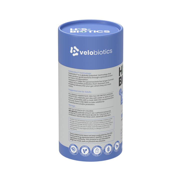 His-Biotics Original Ageless Vitality 50+ probiotic multivitamin for men with Velobiotics technology in blue container