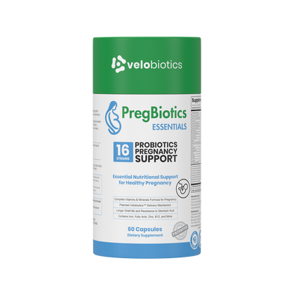 PregBiotics Essentials prenatal supplement with 16 probiotic strains and essential vitamins for pregnancy support.