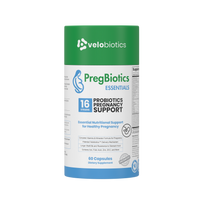 PregBiotics Essentials prenatal supplement with 16 probiotic strains and essential vitamins for pregnancy support.