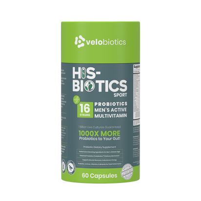 His-Biotics Probiotics Sport men's multivitamin capsules with 16 probiotic strains and performance-boosting ingredients in green and gray packaging