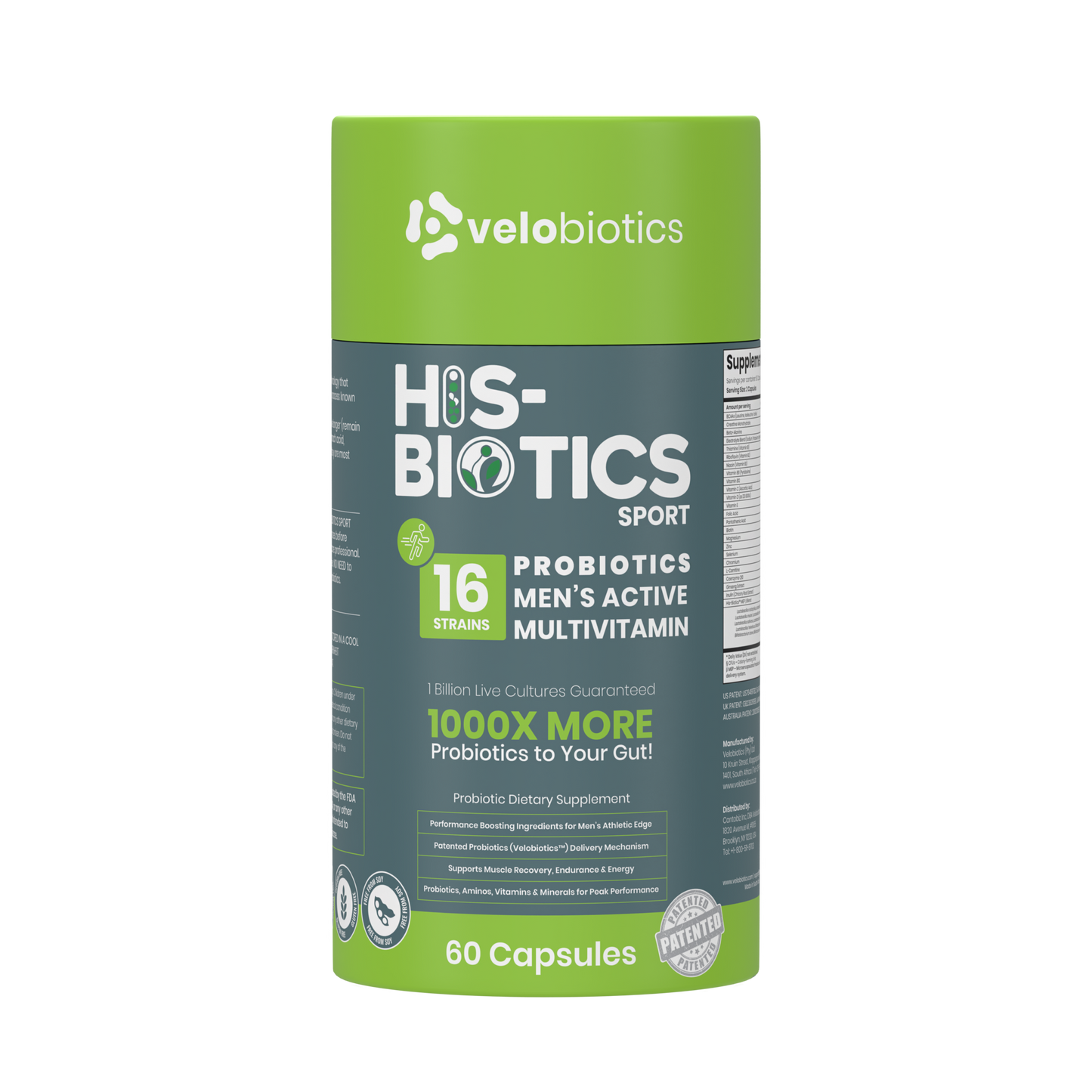 His-Biotics Probiotics Sport men's multivitamin capsules with 16 probiotic strains and performance-boosting ingredients in green and gray packaging