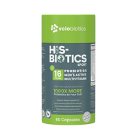 His-Biotics Probiotics Sport men's multivitamin capsules with 16 probiotic strains and performance-boosting ingredients in green and gray packaging