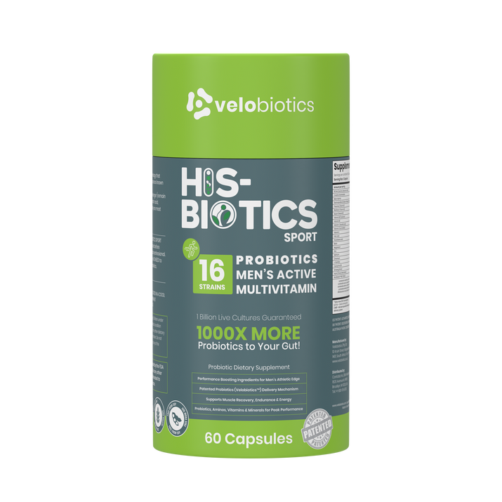 His-Biotics Probiotics Sport men's multivitamin capsules with 16 probiotic strains and performance-boosting ingredients in green and gray packaging