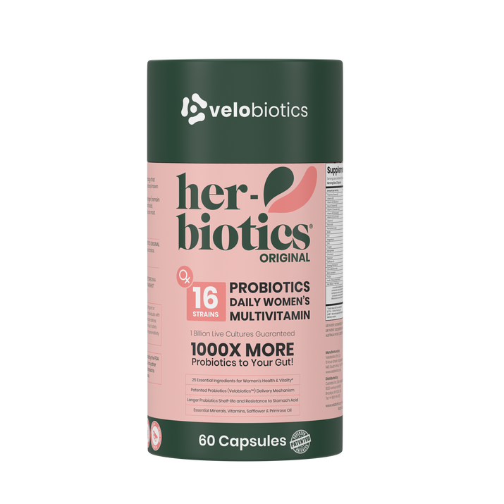 Her-Biotics Original Capsules probiotic supplement for women's daily multivitamin with 16 strains and 60 capsules.