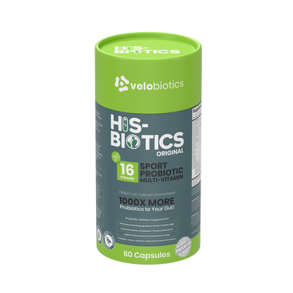 His-Biotics Probiotics SPORT multivitamin capsules with 16 probiotic strains for enhanced athletic performance and gut health.