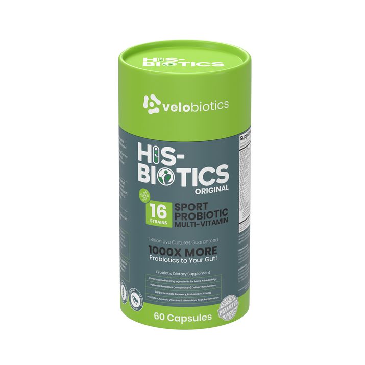 His-Biotics Probiotics SPORT multivitamin capsules with 16 probiotic strains for enhanced athletic performance and gut health.