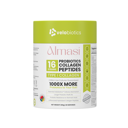 Almasi Probiotics Collagen Powder 200g container with 16 probiotic strains and type I collagen peptides for skin, hair, and nail health.