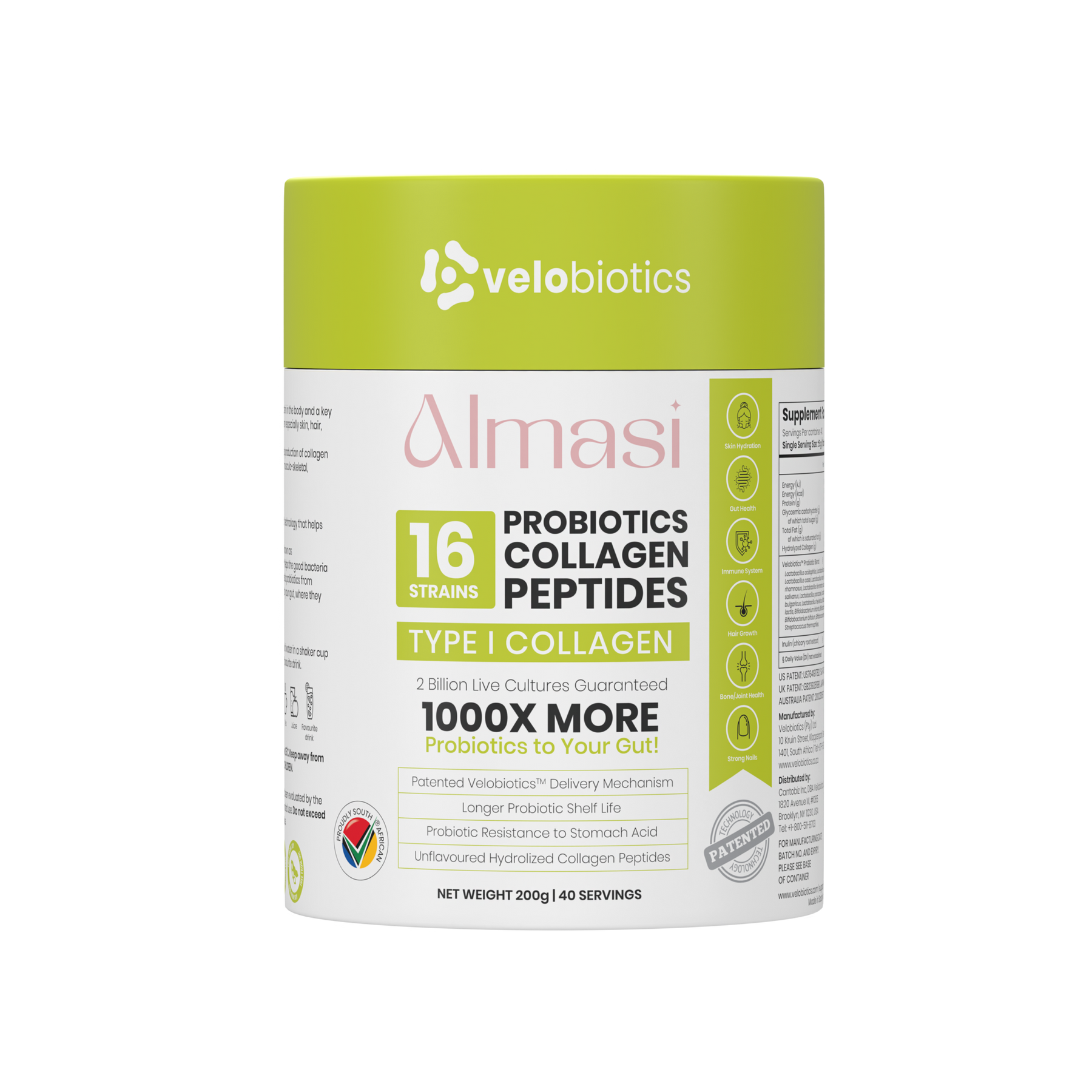 Almasi Probiotics Collagen Powder 200g container with 16 probiotic strains and type I collagen peptides for skin, hair, and nail health.