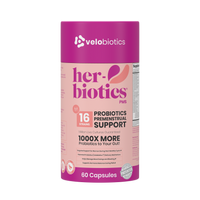 Her-Biotics PMS Support probiotics supplement with 16 strains and vitamins for premenstrual hormonal balance and mood relief.