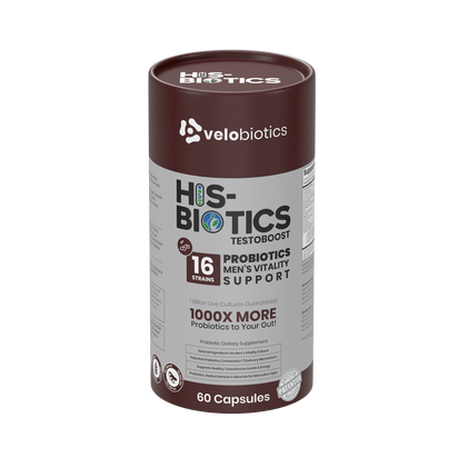 His-Biotics Sport Testo Boost probiotics supplement for men's vitality and testosterone support, 60 capsules.