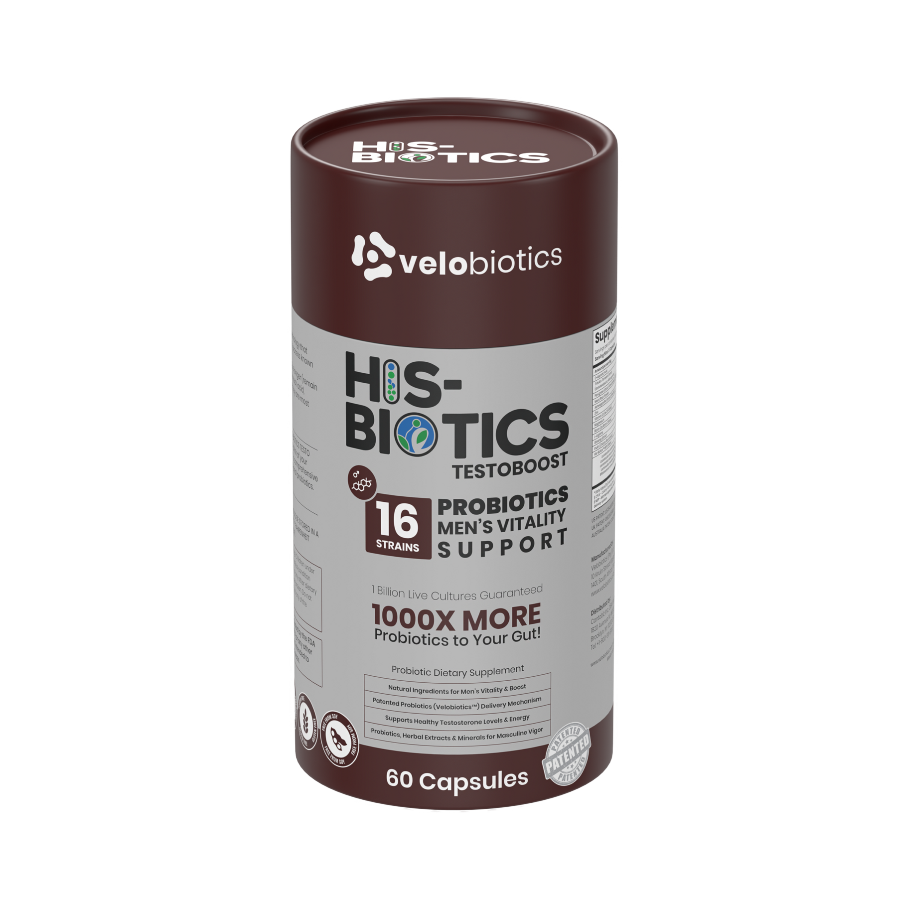 His-Biotics Sport Testo Boost probiotics supplement for men's vitality and testosterone support, 60 capsules.