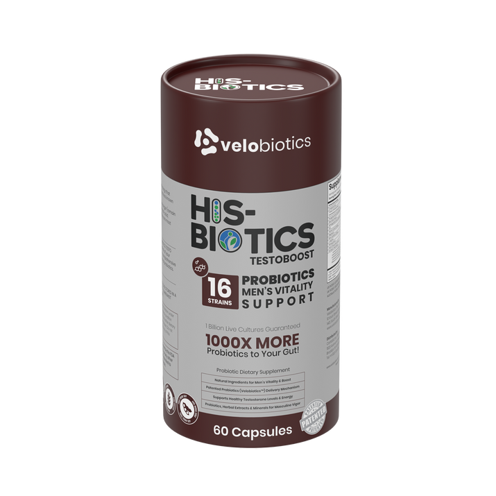 His-Biotics Sport Testo Boost probiotics supplement for men's vitality and testosterone support, 60 capsules.