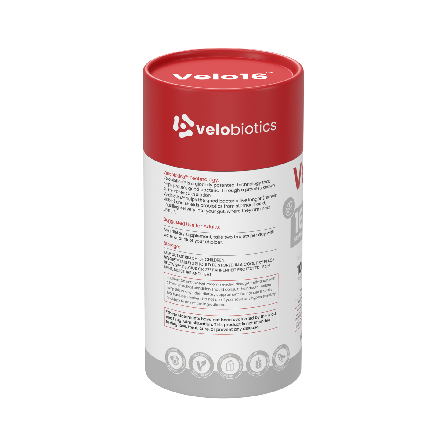 Velo16 Probiotics supplement bottle featuring patented microencapsulated probiotics and magnesium glycinate for muscle, nerve, and gut health.